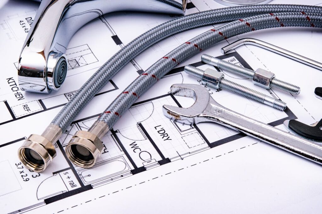 Photo by AS Photography Close-up of plumbing tools and faucet on top of an architectural blueprint, perfect for hardware and construction themes.